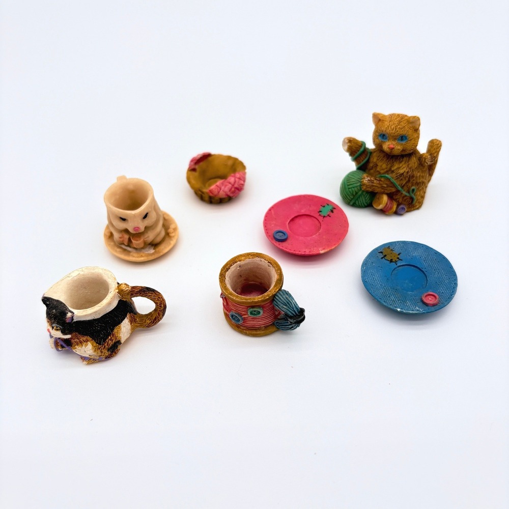 Vintage Miniature Resin Cat Tea Set Sewing Theme Figurines 7 Piece Lot